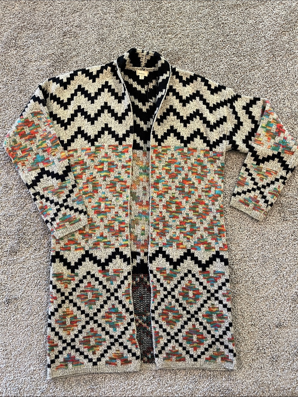 debut Long Open-Front Boho Geometric Knit Cardigan - Black, Cream & Multi Sz XS